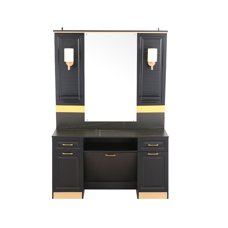 HZ2038 Black & gold vanness desk with touch screen mirrors and lights & stifications station